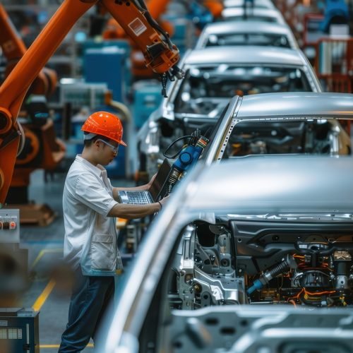 Engineer working with a laptop to control a robotic arm in an industrial manufacturing plant. Generative AI