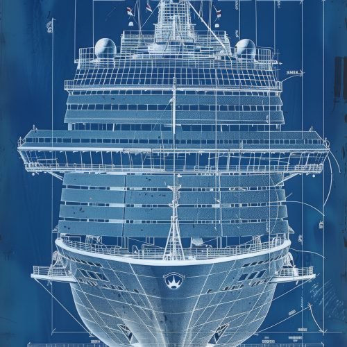 A stylized blueprint illustrating an intricate luxury cruise ship design on a blue textured backdrop