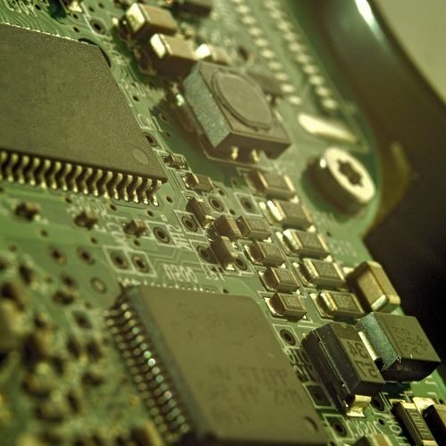 Microchips on a circuit board. Electrical, system.